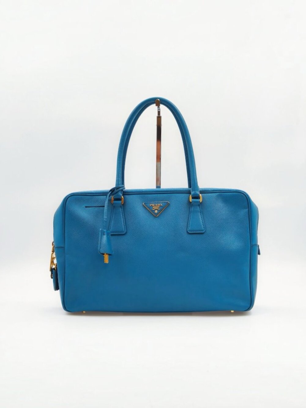 Prada Saffiano Lux Blue Leather Tote Shoulder Bag Gold Hardware
